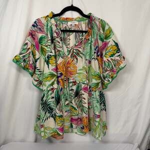 Umgee Plus Size 2XL Tropical Floral Print Ruffle Sleeve Peplum Top